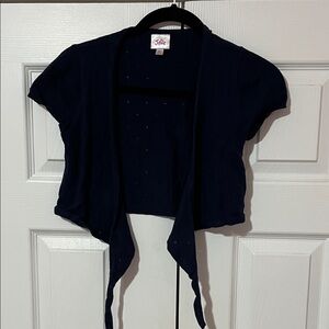 Navy Blue Cotton Short Sleeve Tie Up Cardigan